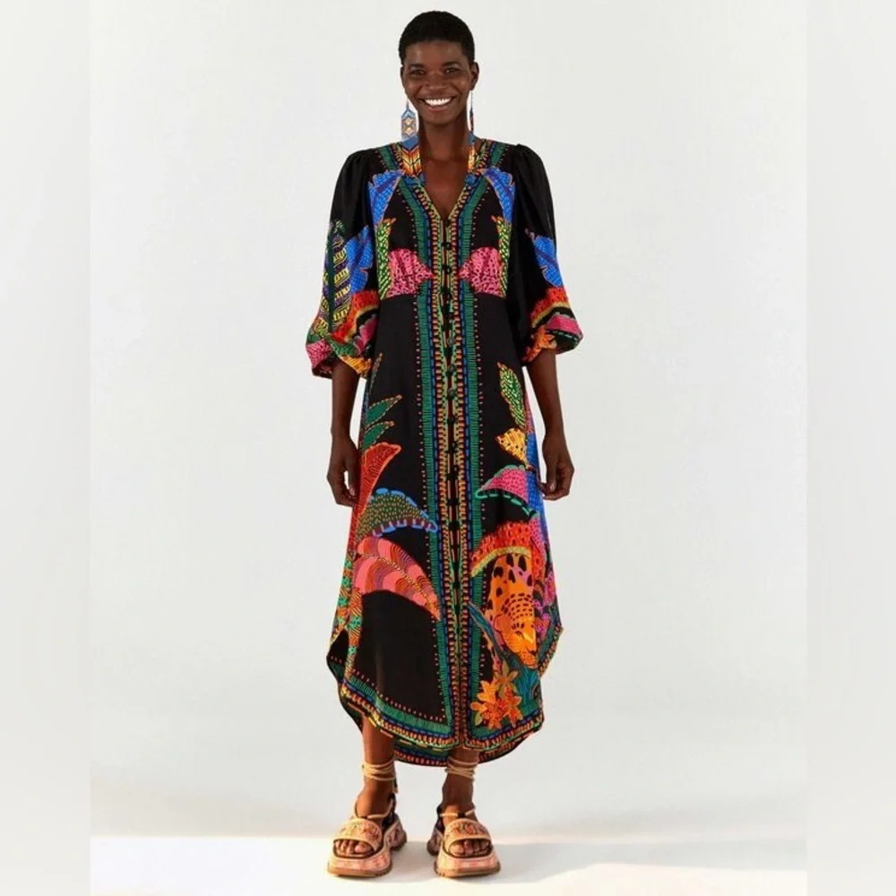 Farm Rio Black Cool Leopards Maxi Dress - Picture 1 of 6